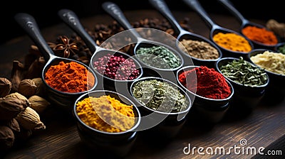 Spices in black wooden spoons Stock Photo