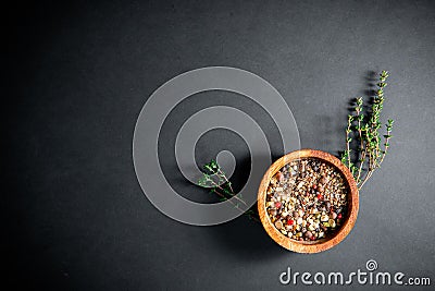 Spices in bowl. Mixed or various dried grains for food cooking. Culinary Stock Photo