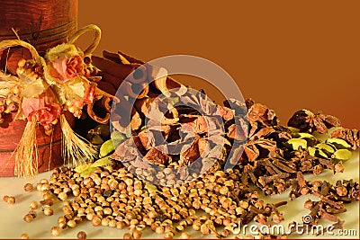 Spices on brown background Stock Photo