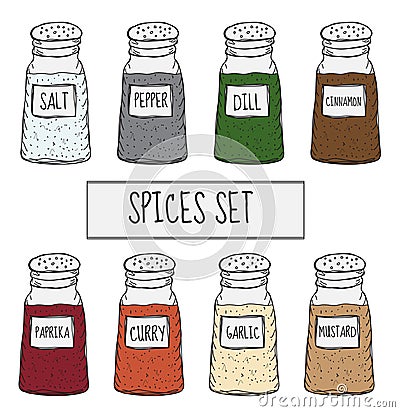 Spices in cans set sketch. Seasoning collection. Hand drawing, doodle style. Vector illustration Vector Illustration