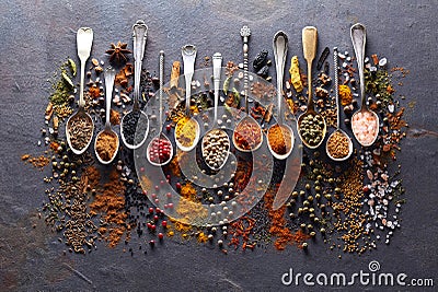 Spices in closeup on graphite board Stock Photo