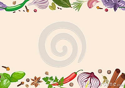 Spices and condiments on light background. Cooking, products. Vector illustration Vector Illustration