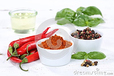 Spices cooking ingredients paprika powder spicy red hot chili pe Stock Photo