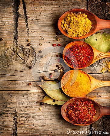 Spices. Curry, saffron, turmeric, cinnamon Stock Photo