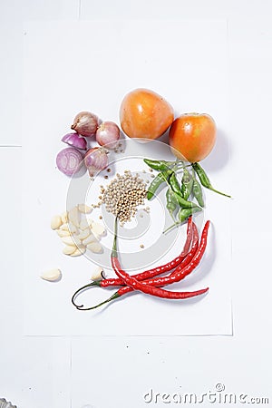 spices food with white background and coriander onions garlic chillies tomato Stock Photo