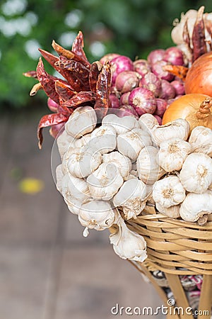 Spices, garlic onions and red onions Stock Photo