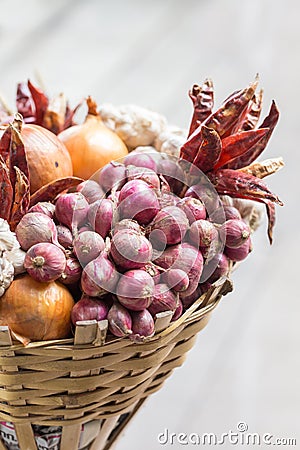 Spices, garlic onions and red onions Stock Photo