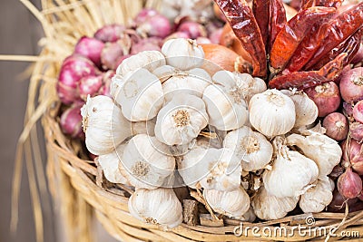 Spices, garlic onions and red onions Stock Photo