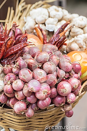 Spices, garlic onions and red onions Stock Photo