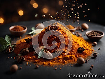 Floating cooking spices, herbs, barks, roots, seeds, powder. Add flavor and aroma to food. Cinematic advertising photography Stock Photo