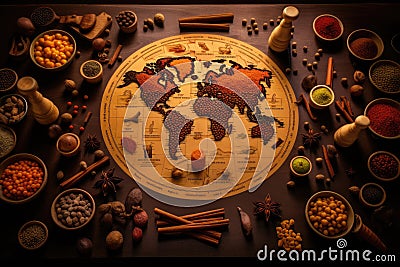 Spices and herbs around the world map on a wooden table, Follow the spice trails with a map highlighting the origins of aromatic Stock Photo