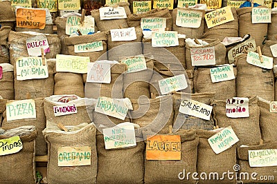 Spices and herbs in bags Stock Photo