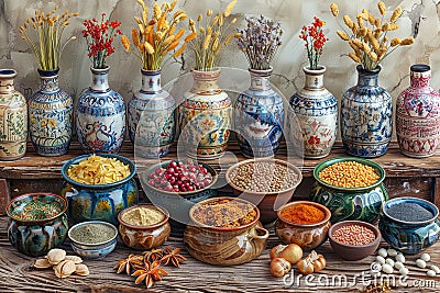 Spices and herbs in ceramic pots on rustic wooden background Stock Photo