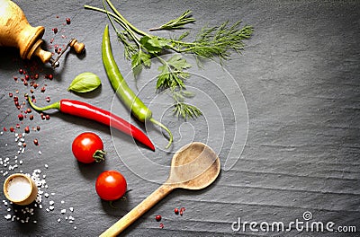 Spices and herbs creative food background Stock Photo