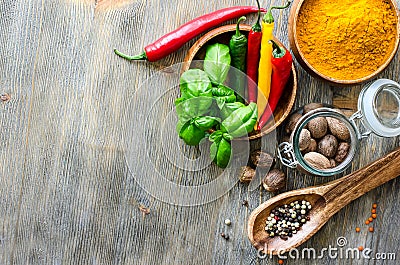 Spices and herbs for healthy cooking copy space background Stock Photo