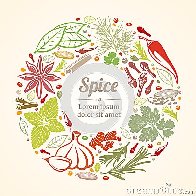 Spices and herbs icons in circle composition. Vector healthy lifestyle concept Vector Illustration