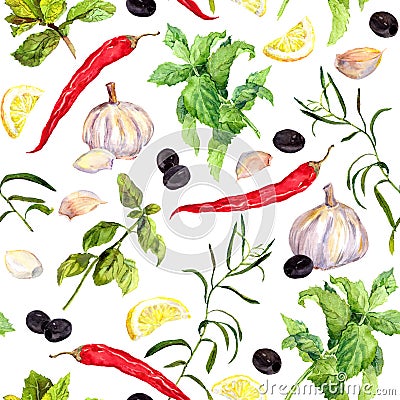 Spices and herbs, Seamless cooking pattern. Watercolor Stock Photo