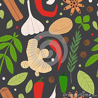 Spices and herbs seamless pattern. Flat hand drawn spicy cooking ingredients. Vector Illustration