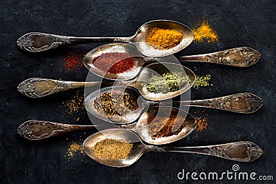 Spices and herbs spoons Stock Photo