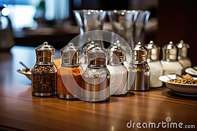 Spices at Hotel Breakfast Buffet, Salt and Pepper Stock Photo