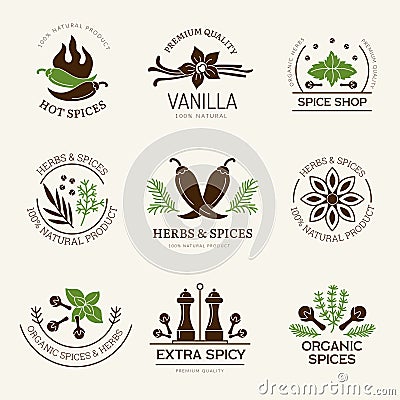 Spices labels. Herbs natural aroma kitchen healthy ingredients from leaves recent vector badges templates isolated Vector Illustration