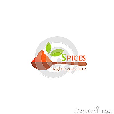 Spices logo concept design. Food vector illustration. Healthy simple logotype. Wooden spoon with spice Vector Illustration