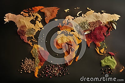 Spices Map, a World Map Made of Seasonings, Abstract Generative AI Illustration Stock Photo
