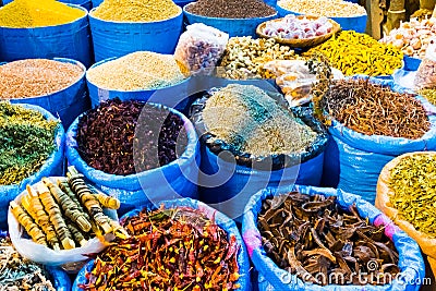 Spices market in main bazzar in the medina of Capital city Rabat, Morocco Stock Photo