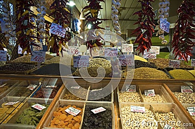 Spices, nuts and dried fruits in a Budapest Market Stock Photo