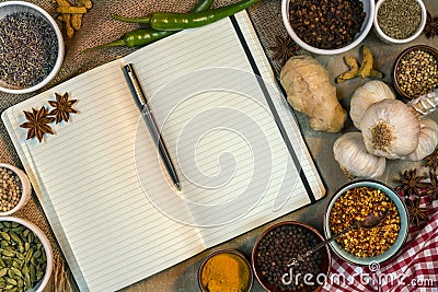 Spices - Open Recipe Book - Space for Text Stock Photo