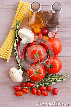 Spices, pasta and vegetables. Stock Photo