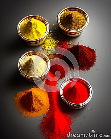Spices in pots and piles Stock Photo