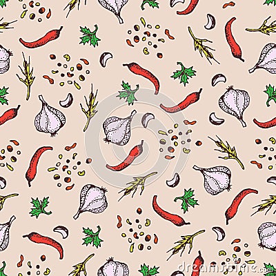 Spices seamless pattern on a beige background. Pparsley, garlic, cloves, pepper. Cartoon style illustration. Background for textil Vector Illustration