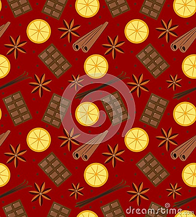 Spices seamless pattern. Mulled wine and chocolate endless background, texture. Vector illustration. Vector Illustration