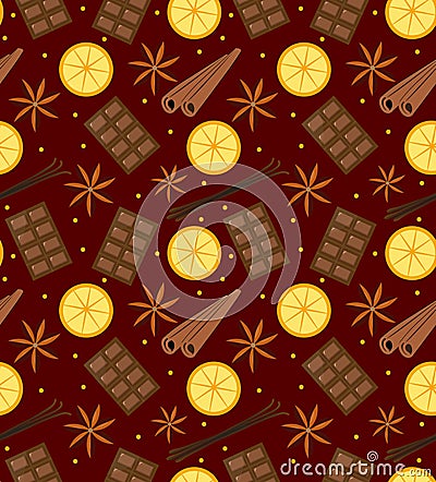 Spices seamless pattern. Mulled wine and chocolate endless background, texture. Vector illustration. Vector Illustration