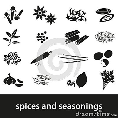 Spices and seasonings black icons set Vector Illustration