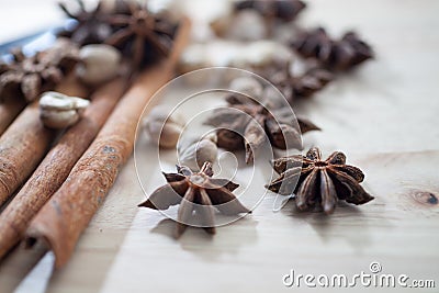 Cinnamon, Cardamon, Star Anise Stock Photo