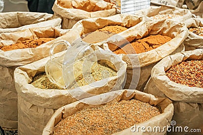 Spices are sold on the open east market. India, Pushkar Editorial Stock Photo