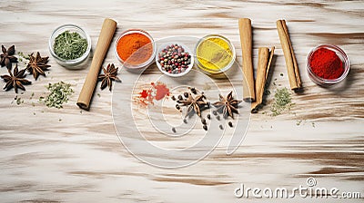 Spices on the table and add more spoons and make the background look smooth, generative ai Stock Photo