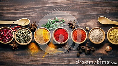 Spices on the table and add more spoons and make the background look smooth, generative ai Stock Photo