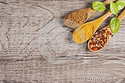 Spices in wooden spoons Stock Photo