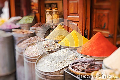 Spices on a traditional Moroccan market. Selective Focus Stock Photo