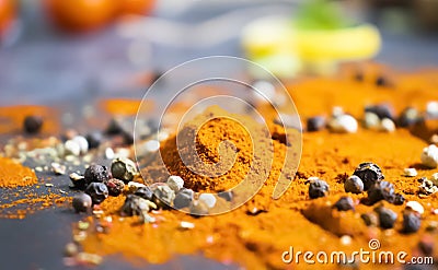 Spices turmeric, pepper in ingredient a dark background asian Stock Photo