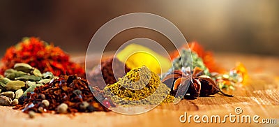 Spices. Various Indian Spices colorful background. Indian Spice and herbs backdrop. Assortment of Seasonings, condiments Stock Photo