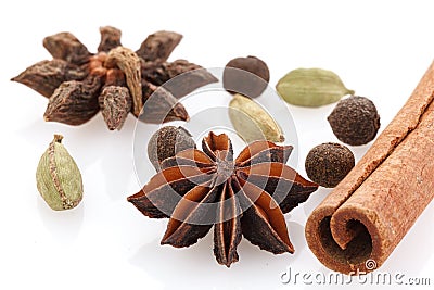Spices for winter dishes isolated on white background . Mulled wine or ingredients for seasonal Christmas baking are aromatic Stock Photo