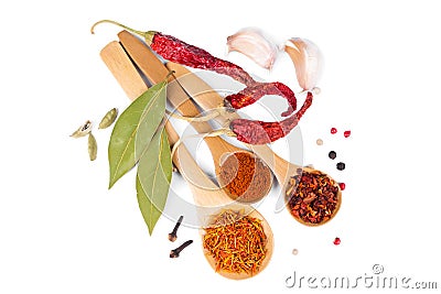 Spices in wooden spoons Stock Photo
