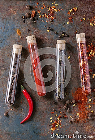 Spicy background with chili peppers Stock Photo