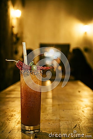 Spicy bloddy mary tomato cocktail drink in bar Stock Photo