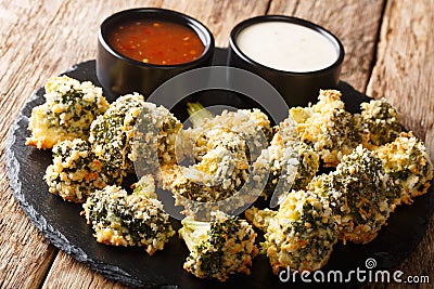 Spicy breaded vegetarian broccoli baked with parmesan served with sauces. horizontal Stock Photo