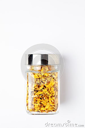 Spicy Chana Jor Garam in glass jar with lid closed, made with air-fried Bengal Chickpea. Stock Photo